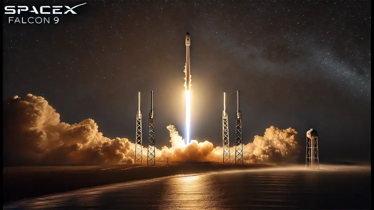 SpaceX Falcon 9 launching 23 Starlink satellites from Cape Canaveral, Florida, on February 18, 2025, illuminating the night sky with bright flames and smoke.